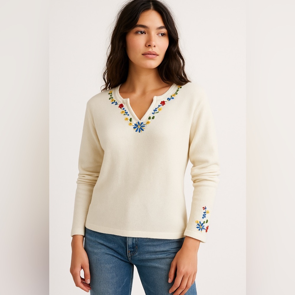 Hannah Sweater‎ Womens XL Beige Long Sleeve V-Neck Embroidery Bohemian